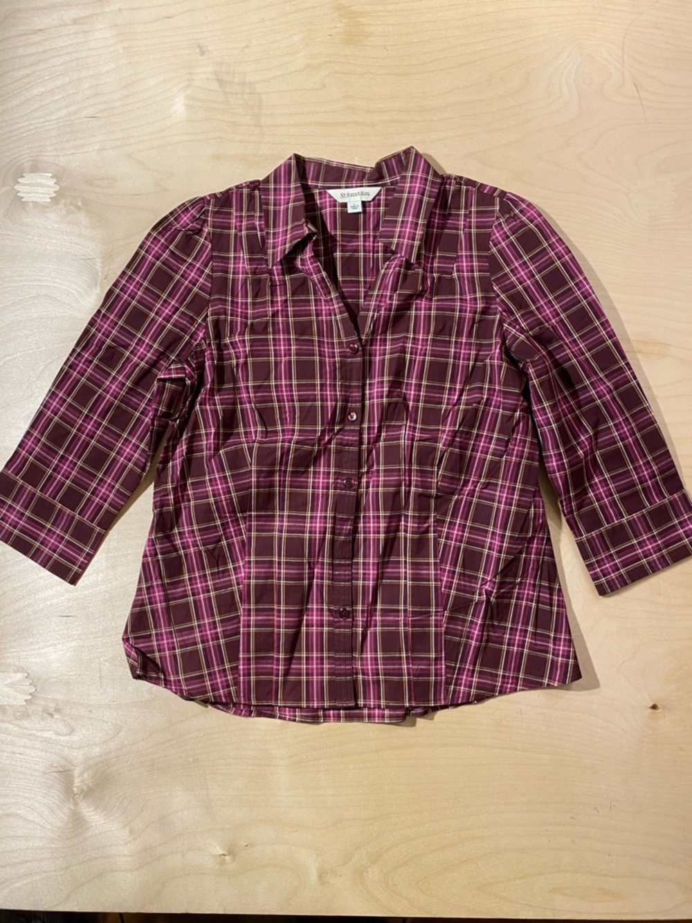 St. John's Bay Plum Plaid Button-Front Women's Shirt Large (RF)